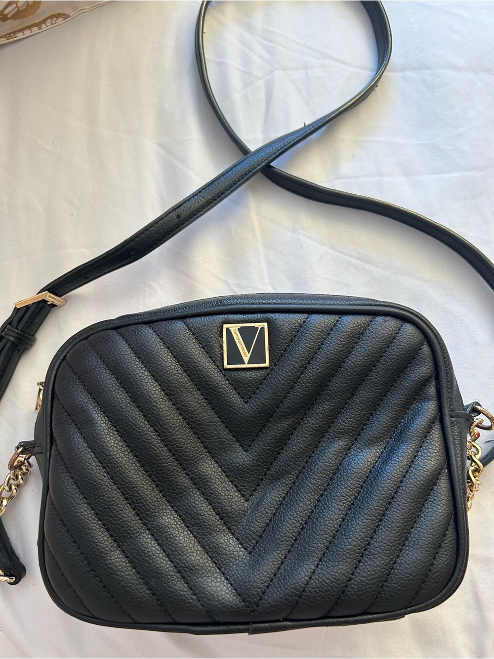 Victoria's Secret Black Quilted Chevron Crossbody Bag with Gold Logo